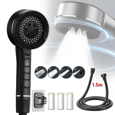 A product image showcasing a shower head with various accessories and features.