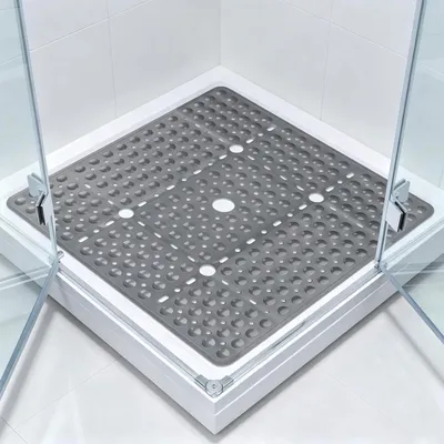 Image de Tapis de douche antidérapant en TPE, 70x70 cm, gris clair, avec ventouses, résistant à la moisissure