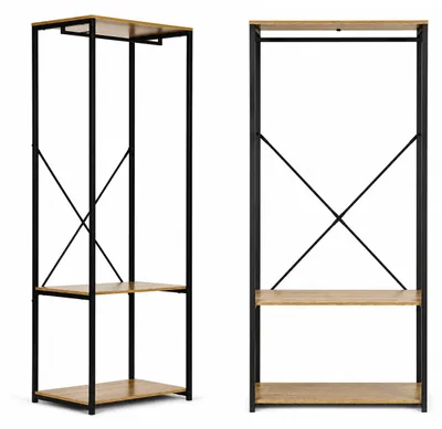 Zdjęcie produktu dla Wieszak stojący z pólkami do przedpokoju na ubrania buty loft jasny dąb ModernHome