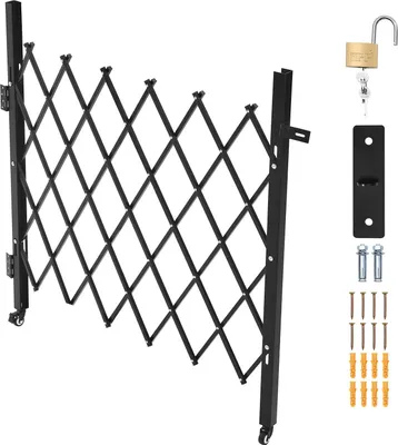 Produktbild von SucceBuy Abschließbares klappbares Sicherheitstor mit 360°-Lenkrollen, einziehbares Stahltor für Eingänge, Garagen und Lagerbereiche, Falttor 110 x 131 cm (B x H) in Schwarz