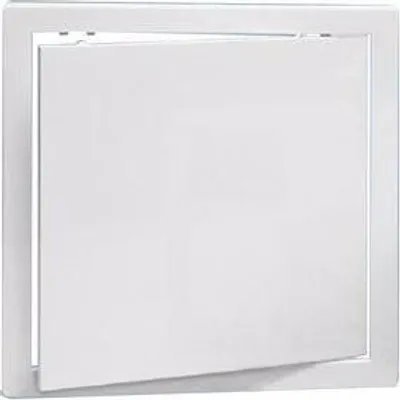 A white access door is shown, slightly ajar, against a white background.
