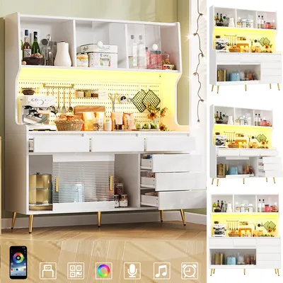 Produktbild von Hochschrank weiß, LED per App, Schublade, Lochwand-Regale, 145x39x171 cm, für Küche, Esszimmer & Wohnzimmer