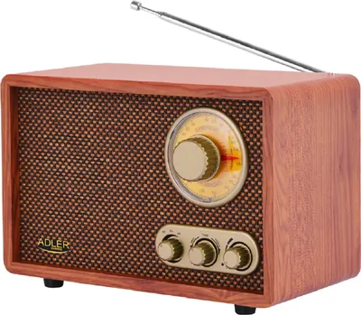 A retro-style radio with a wooden casing and a fabric speaker grill.