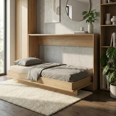 Produktbild von Schrankbett 90x200 cm Horizontal | Klappbett Wandbett Einzelbett platzsparend | Eiche