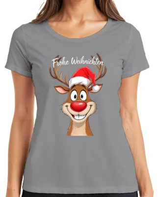 Produktbild von Frohe Weihnachten Rentier Rudolph Cartoon Lustig Weihnachtsmütze Damen T-Shirt, Grau, M