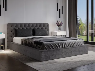 Obrázek produktu pro Čalouněná postel GRAINGOLD Chesterfield 200x200 cm Apollo - Velurová postel, sametová postel - Čalouněná postel s podnožkou - Manželská postel s roštem - Tmavě šedá (Eureka 2135)