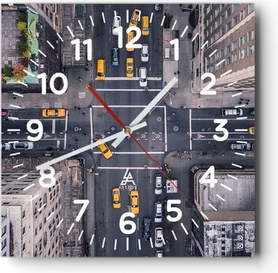 Produktbild von Wanduhr - Quadrat - Glasuhr - New York Straße - 30x30cm - Schleichendes Uhrwerk - Lautlos - zum Aufhängen bereit - Dekoration Modern - Wanddekoration aus Glas - C4AC30x30-3429