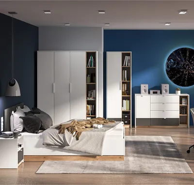 Produktbild von Jugendzimmer Set 5-teilig TIMARU-131 mit Bett 120x200cm inkl. aufklappbarem Lattenrost in weiß mit Eiche und graphit