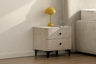 Produktbild von riess-ambiente Moderner Nachttisch ART DECO 45cm greige Bouclé mit Schubladen schwarz Metall