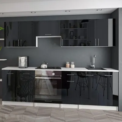 Produktbild von Roe Furniture | Küchenzeile - 260 cm - Schwarz HochGlanz - Einbauküche, Küchenblock, Singleküche, Singleküchenblock, Küchen - Tischplatte Schwarz