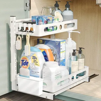 Image de Organisateur réglable à deux niveaux pour meuble bas de cuisine, blanc, plateau coulissant