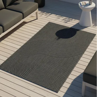Image de Tapis d'extérieur à motif graphique ondulé, résistant aux intempéries, pour terrasse ou balcon, couleur anthracite, dimensions : 80 x 200 cm