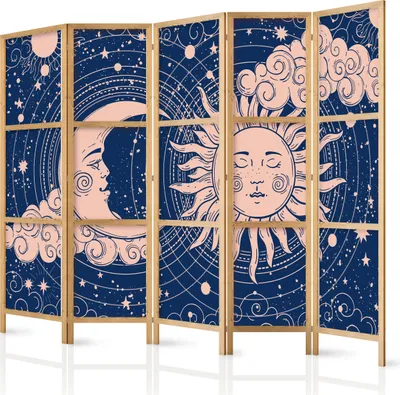 Produktbild von 5-teiliger Einseitiger Vlies Japanischer Paravent - Cosmic Harmony - Illustration of the Sun and Moon on a Navy Background 225x172 cm Muster n-B-10031-bh-b