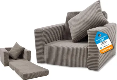 A beige corduroy children's armchair that can be folded out into a small bed, shown in two configurations: folded and unfolded. A blue and white tag is attached to the armchair.