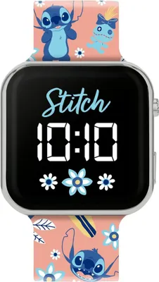 A digital watch with a Stitch theme displayed on a black background.