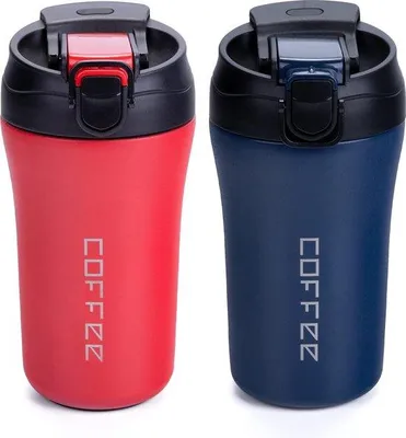 Image de Tasses de voyage en acier inoxydable, 400 ml, lot de 2, étanches, avec anse, à double paroi, pour le café, le thé, le vin chaud, chaudes et froides, rouge et bleu