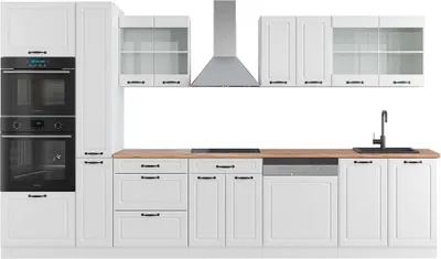 Produktbild von Küchenzeile Vicco R-Line Weiß Landhaus/Weiß 350 cm mit Hochschrank, AP Eiche, Model 42772