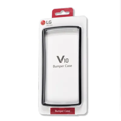 The image shows the retail packaging of an LG V10 bumper case.
