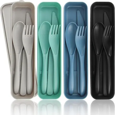 Produktbild von 4-teiliges Plastik Besteckset, Wiederverwendbares Reisebesteck, Löffel, Messer, Gabel, Für Camping
