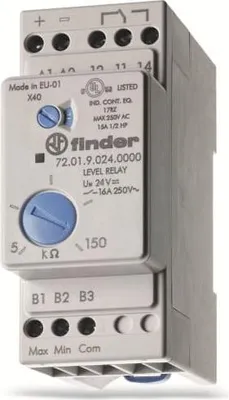 A close-up, angled view of a Finder Level Relay mounted on a DIN rail.