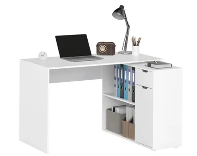 Produktbild von Schreibtisch, Computertisch 2-stufiger Schrank, Schublade, Bürotisch offene Fächer, Holz, Weiß