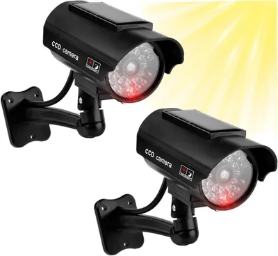 Immagine prodotto di 2 telecamere finte da esterno, alimentate a energia solare e con luci a LED