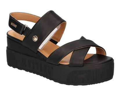 Produktbild von Mustang Damen Sandale Kreuzriemen Slingback Plateau Keilabsatz 1459-801, Größe:36 EU, Farbe:Schwarz