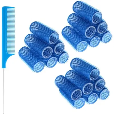 Productafbeelding van PromoHome® Set van 18 zelfklevende krulspelden met kam - 20 mm klittenband krulspelden voor volume en krullen zonder hitte - Blauw