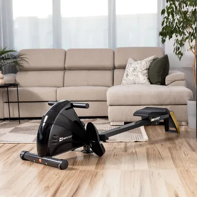 Produktbild von Hop-Sport Rudergerät für Zuhause Boost Gold – Rudergerät klappbar mit Computer & Magnetbremssystem, 10 Stufen - Rudermaschine max. Nutzergewicht 120kg