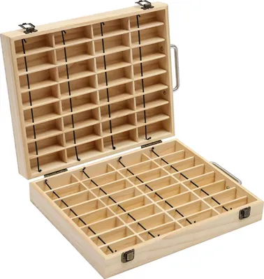 Image de Boîte de rangement pour huiles essentielles - Range-flacons à 64 compartiments - Pour flacons de 15 ml - Avec poignée - 39 × 28,7 × 8,7 cm - Bois naturel