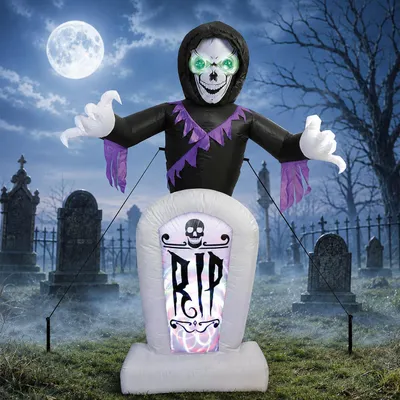 Produktbild von LED Reaper 210 cm – beleuchtete Halloween-Dekofigur mit Grabstein für den Außenbereich aufblasbar, KI-generiertes Bild