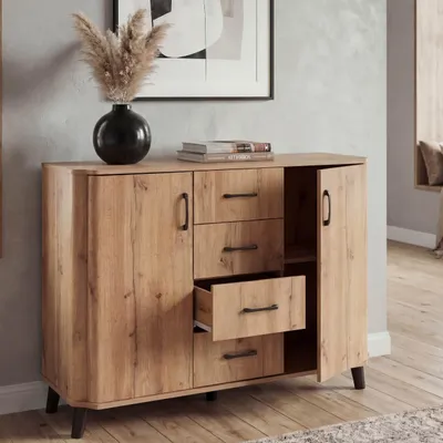 Immagine prodotto di Comodà HWC-P42, credenza, 4 cassetti, 2 ante, MDF 92x120x40 cm ~ effetto rovere Wotan