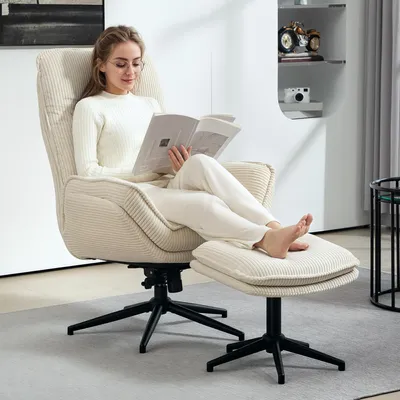 Image de Fauteuil club pivotant avec repose-pieds, revêtement en velours, inclinable, dimensions : 83 x 72 x 107 cm, couleur beige