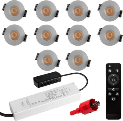Produktbild von S-Polylight PREMIUM Mini LED- Einbauspots Warmweiss 3.000K, DIMMBAR, IP65, FUNK 3W LED Einbaustrahler Terrassenüberdachung, Terrassenbeleuchtung, Bad, Sauna, LED Spots mit Fernbedienung (SILBER, 10x LED-SET)