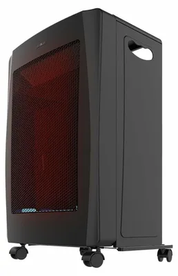 A black gas heater with a red glowing element inside, shown on wheels.