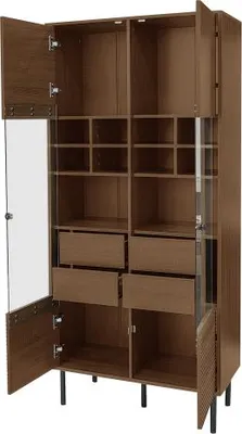 Produktbild von Mehrzweig-Vitrinenschrank 75,5x35x164,5cm Nussbaumoptik Glasfront Etagenregal Versteckte Schublade Aufbewahrung Bad Wohnzimmer Buero Schaukasten