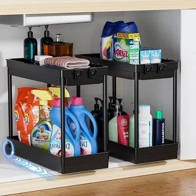 Zdjęcie produktu dla Organizer ze stali nierdzewnej, 2-częściowy, czarny, z 4 haczykami, do kuchni i łazienki