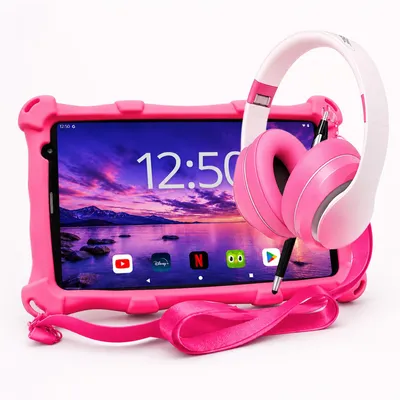Produktbild von AngelTech Kinderpaket PRO MAX - Kindertablet + Kinderkopfhörer - Android 14 - 4+3 GB RAM - 64+64 GB - Octa-Core-Prozessor - Schnelles 8 Zoll - Rosa