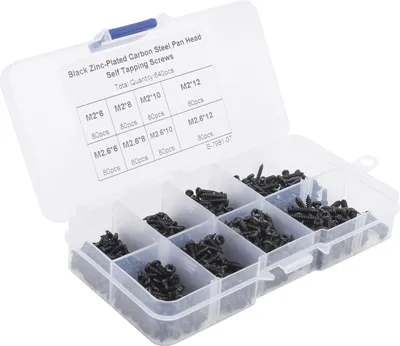 Productafbeelding van 640 stuks pannenschroeven met schroefdraad, zwarte, kruiskop, van koolstofstaal. Assortiment bevestigingsmaterialen