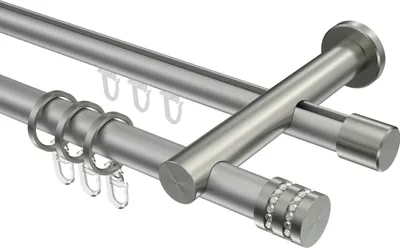 Produktbild von Interdeco Rundrohr-Innenlaufstange / Gardinenstange (Kombination) Silbergrau / Edelstahl-Optik, Typ Platon Estana (Glitzerkappe), 20 mm Ø 2-läufig, 520 cm