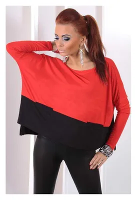 Produktbild von Damen Longshirt langarm lockerer schnitt Gr. S/M; Rot/Schwarz
