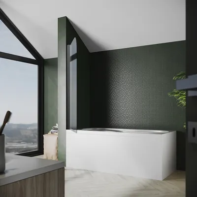 A modern bathroom with a bathtub and a large window overlooking a landscape.