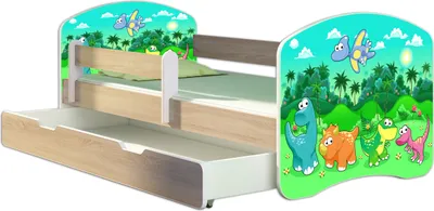 Produktbild von ACMA Jugendbett Kinderbett Junior-Bett Komplett-Set mit Matratze Lattenrost und Rausfallschutz Sonoma 30 Dino 160x80 + Bettkasten