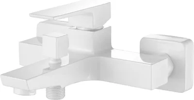 A white bathtub faucet on a white background.