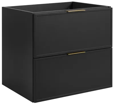 A black bathroom vanity cabinet with two drawers and gold handles, shown from a slightly angled front view against a white background.