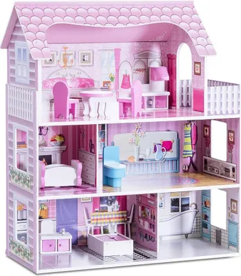 A pink dollhouse with furniture and accessories, displayed from the front.