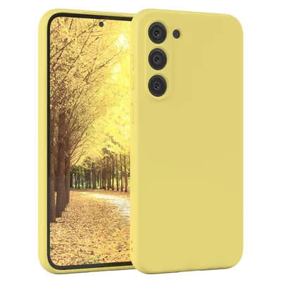 A yellow phone case is shown on the right, with a smartphone displaying a scenic image on the left.