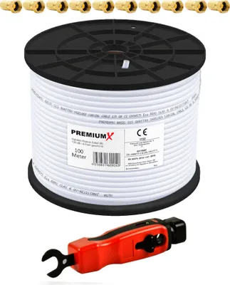 Produktbild von PremiumX 100m BASIC Koaxialkabel 135dB SAT Kabel Abisolierer 10x F-Stecker