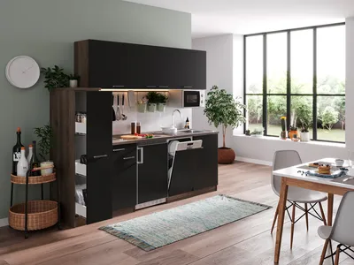Produktbild von Küche Küchenzeile Singleküche Eiche York Schwarz Oliver 225 cm Respekta