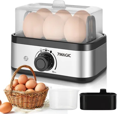 Produktbild von 7MAGIC Eierkocher Edelstahl, Eierkocher für 1-6 Eier mit Härtegradeinstellung, Indikationsleuchte Abschaltautomatik,Messbecher, Überhitzungsschutz, BPA-frei, 400 Watt, Silber